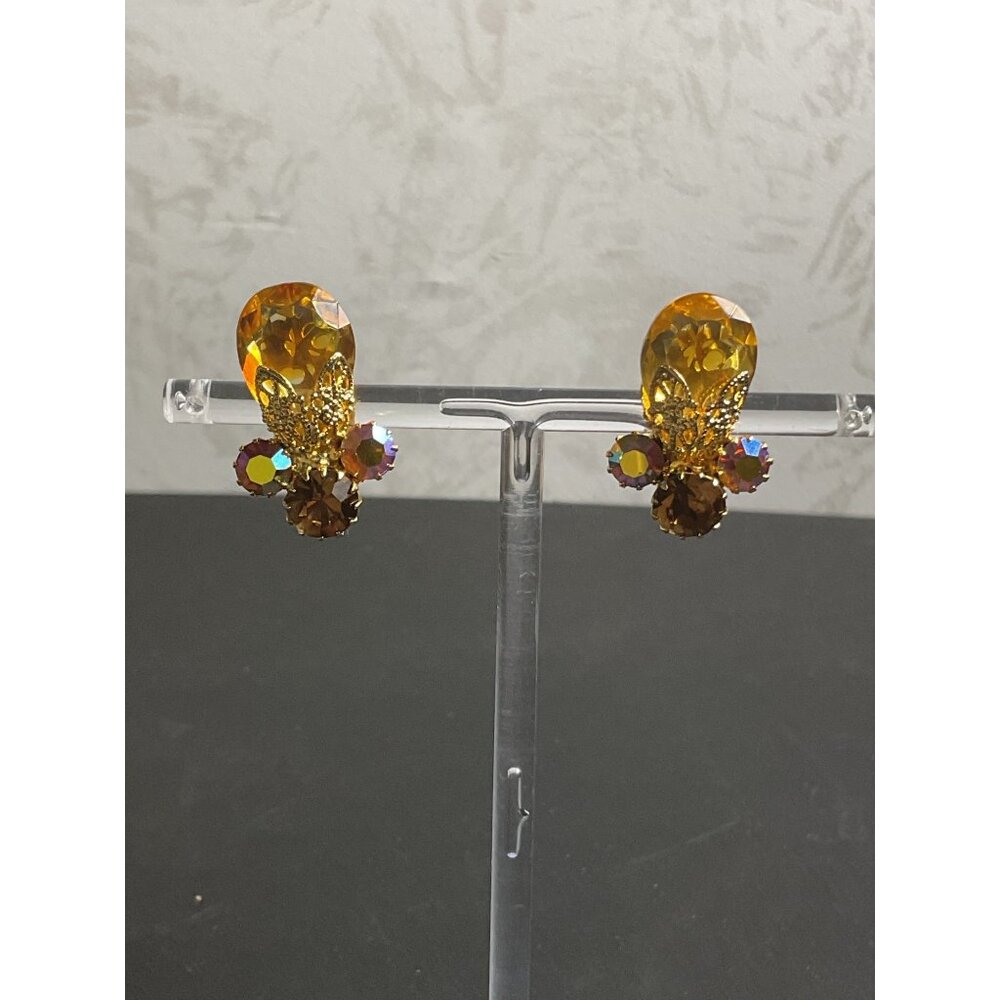 Amber & Gold Clip-On Earrings With Rhinestone Accents